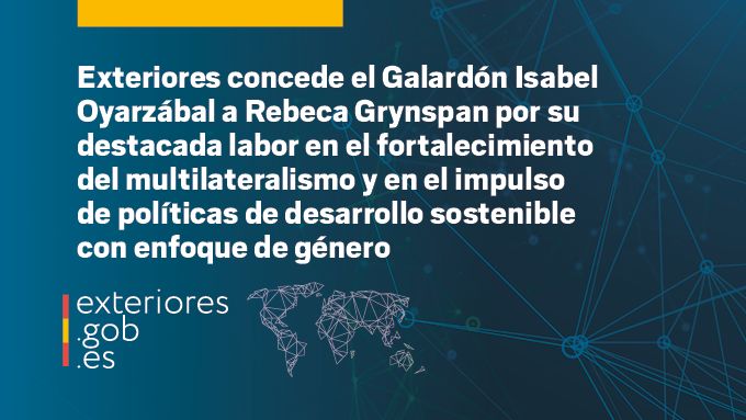 Ministerio de Asuntos Exteriores, UE y Cooperación (@maecgob) on Twitter photo Con motivo del Día Internacional de las Mujeres en la Diplomacia, el <a href="/MAECgob/">Ministerio de Asuntos Exteriores, UE y Cooperación</a> concede el Galardón Isabel Oyarzábal a <a href="/RGrynspan/">Rebeca Grynspan</a> por su labor en el fortalecimiento del multilateralismo y las políticas de desarrollo sostenible con enfoque de género.
🔗
exteriores.gob.es/es/Comunicacio… Con motivo del Día Internacional de las Mujeres en la Diplomacia, el <a href="/MAECgob/">Ministerio de Asuntos Exteriores, UE y Cooperación</a> concede el Galardón Isabel Oyarzábal a <a href="/RGrynspan/">Rebeca Grynspan</a> por su labor en el fortalecimiento del multilateralismo y las políticas de desarrollo sostenible con enfoque de género.
🔗
exteriores.gob.es/es/Comunicacio…