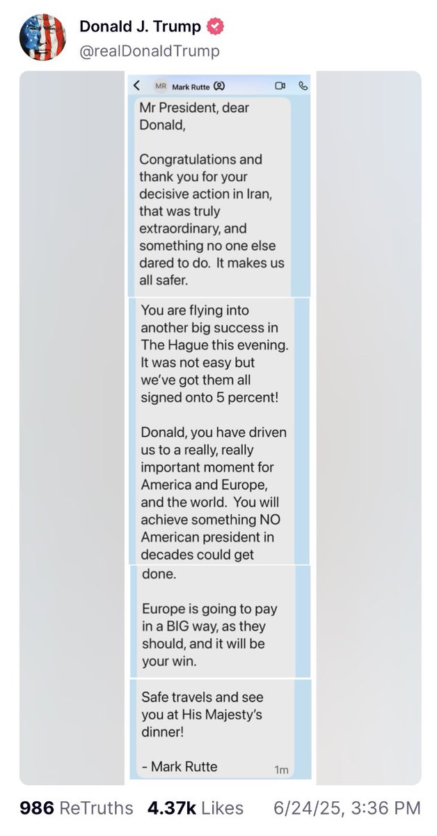 rixa_fursen's tweet image. Weil Trump weder in Nahost noch in der Ukraine Erfolge vorweisen kann, veröffentlicht er kurzerhand eine private Nachricht von Mark Rutte. Darin bedankt sich der Nato-General für Trumps Einsatz beim neuen 5-Prozent-Ziel.
Selbstdarstellung > Vertraulichkeit.