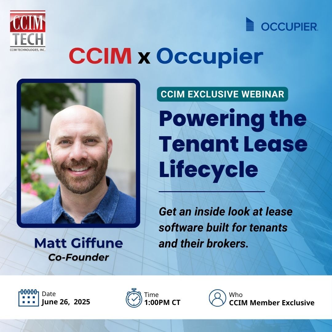 occupierhq's tweet image. 📣 @ccim Members:
Join us for a live webinar with Matt Giffune, Co-Founder of Occupier to explore how lease lifecycle software can help you support your clients from site selection to lease compliance—and everything in between.
#CCIM #CRE #commericalrealestate