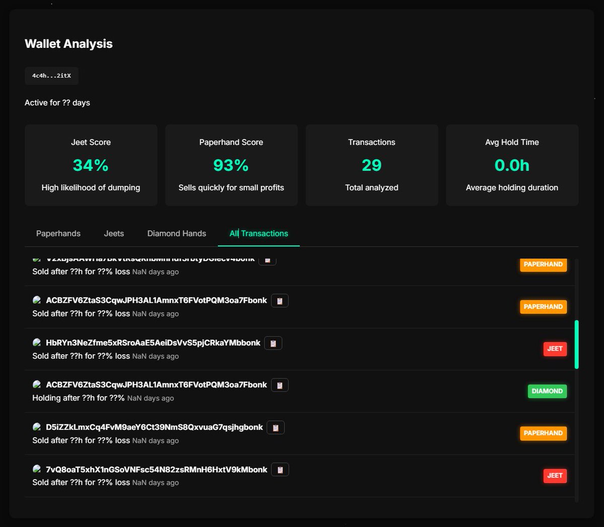 ijeetedonsol's tweet image. The site is almost ready 🧪
Just need to fix a few bugs &amp;amp; add the last touches
JEET, Paperhand &amp;amp; Diamond detection already working.
#Solana #JeetDetector #WalletAnalysis