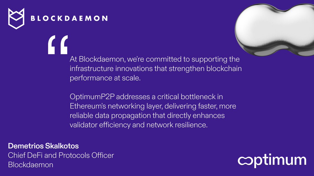 <a href="/bo_opryshko/">Bo</a> <a href="/BlockdaemonHQ/">Blockdaemon 😈</a> has launched over 250,000 validators. They also operate across 70+ chains, with nodes in 70 global locations using both cloud and bare metal servers

Here's why they're excited about adding OptimumP2P to their stack: