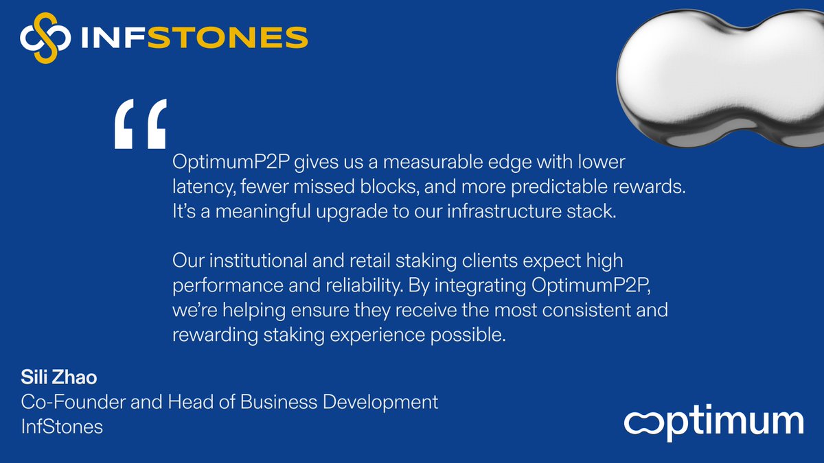 Optimum (@get_optimum) on Twitter photo <a href="/DemoSkalkotos/">Demetrios Skalkotos</a> <a href="/InfStones/">InfStones Global</a> runs 20k Ethereum nodes, primarily in North America, Europe, and Asia representing 1% of total ETH stake
We asked them what OptimumP2P means for their validator performance and the benefits to their staking customers: <a href="/DemoSkalkotos/">Demetrios Skalkotos</a> <a href="/InfStones/">InfStones Global</a> runs 20k Ethereum nodes, primarily in North America, Europe, and Asia representing 1% of total ETH stake
We asked them what OptimumP2P means for their validator performance and the benefits to their staking customers: