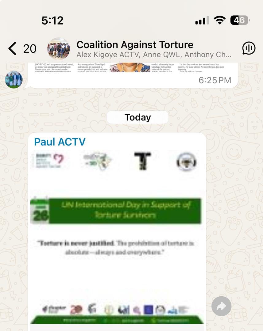 Women Human Rights Defenders Network- Uganda (@whrdnu) on Twitter photo As we approach 26 June 2025, the UN Day in Support of Torture Survivors, we call on the public,<a href="/WHRDNU/">Women Human Rights Defenders Network- Uganda</a>,@ACTVUganda, @ChapterFourUG & @UHRC_Uganda to stand against torture, especially as Uganda heads into General Elections.Stop Torture. Protect Rights. As we approach 26 June 2025, the UN Day in Support of Torture Survivors, we call on the public,<a href="/WHRDNU/">Women Human Rights Defenders Network- Uganda</a>,@ACTVUganda, @ChapterFourUG & @UHRC_Uganda to stand against torture, especially as Uganda heads into General Elections.Stop Torture. Protect Rights.
