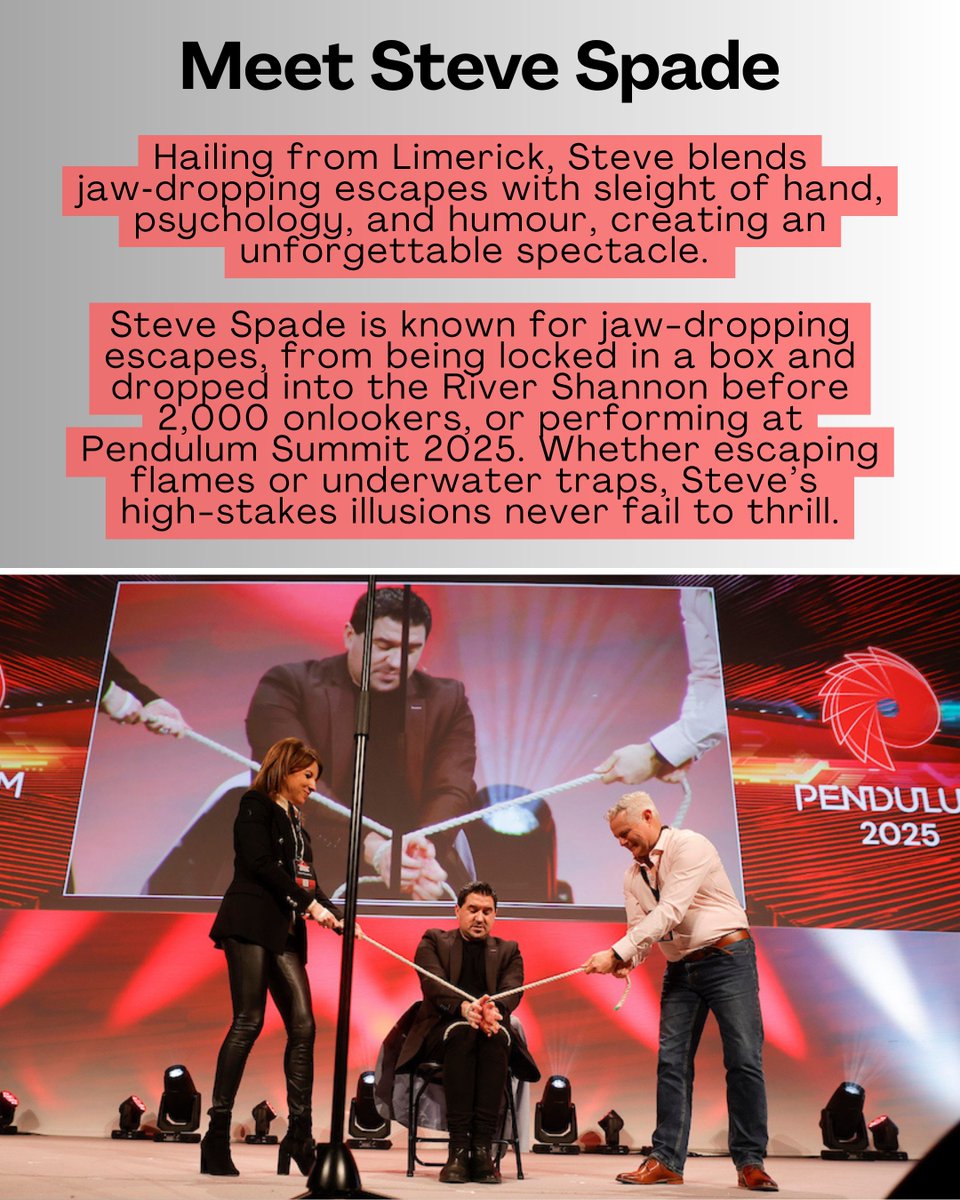 FRSpeakers's tweet photo. Steve Spade is Ireland’s top illusionist & Merlin Award winner🔥🎩
As seen on The Six O’Clock Show & Pendulum Summit 2025
Performed at Electric Picnic
Magic consultant. Escape artist. Showstopper.
📩 Book now: welcome@frontrowspeakers.com
#SteveSpade #Illusionist https://t.co/Wh9W2TiEqi
