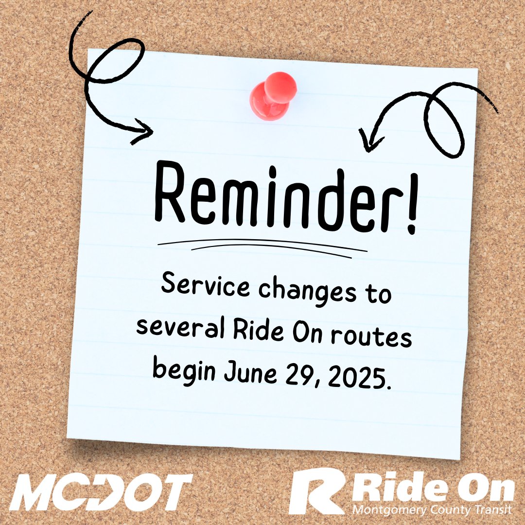 On Sunday, June 29, 2025, Ride On will be implementing changes to several bus routes. To see a full list of impacted routes, visit montgomerycountymd.gov/DOT-Transit/ch… @mcdotnow