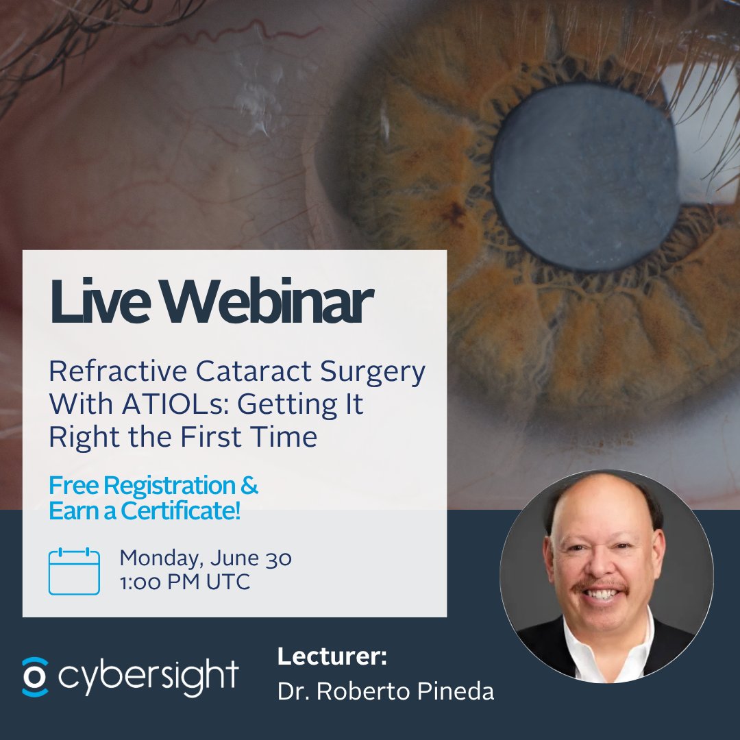 New webinar: Refractive Cataract Surgery With ATIOLs

Learn how to screen, avoid pitfalls &amp; get it right the first time with Dr. Roberto Pineda.

📅 June 30 | ⏰ 1:00 PM UTC
🎓 Free + Certificate
🔗 Register: live.cybersight.org/register/91977…