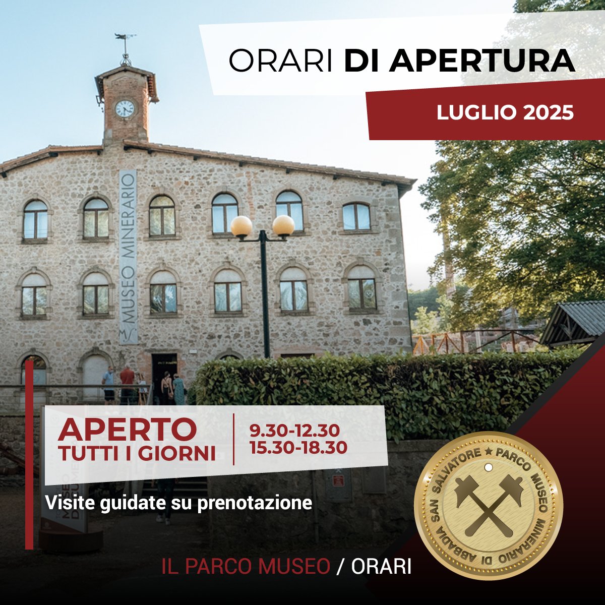⭐ CAMBIANO GLI ORARI DEL PARCO MUSEO!
Orari di apertura dal 1° al 31 #Luglio
👉 Il Parco Museo Minerario sarà aperto tutti i giorni 9.30-12.30 e 15.30-18.30
Visite guidate su prenotazione
#abbadiasansalvatore #terredisiena #musei #miniera #mercurio  #visituscany #parconazionale