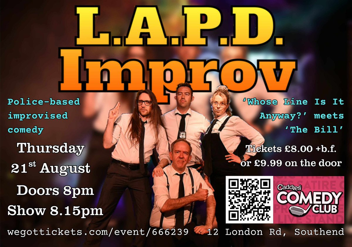We're back at Caddies Southend for more unhinged cop themed improv shenanigans! Don't miss out! #southend #supportlivecomedy