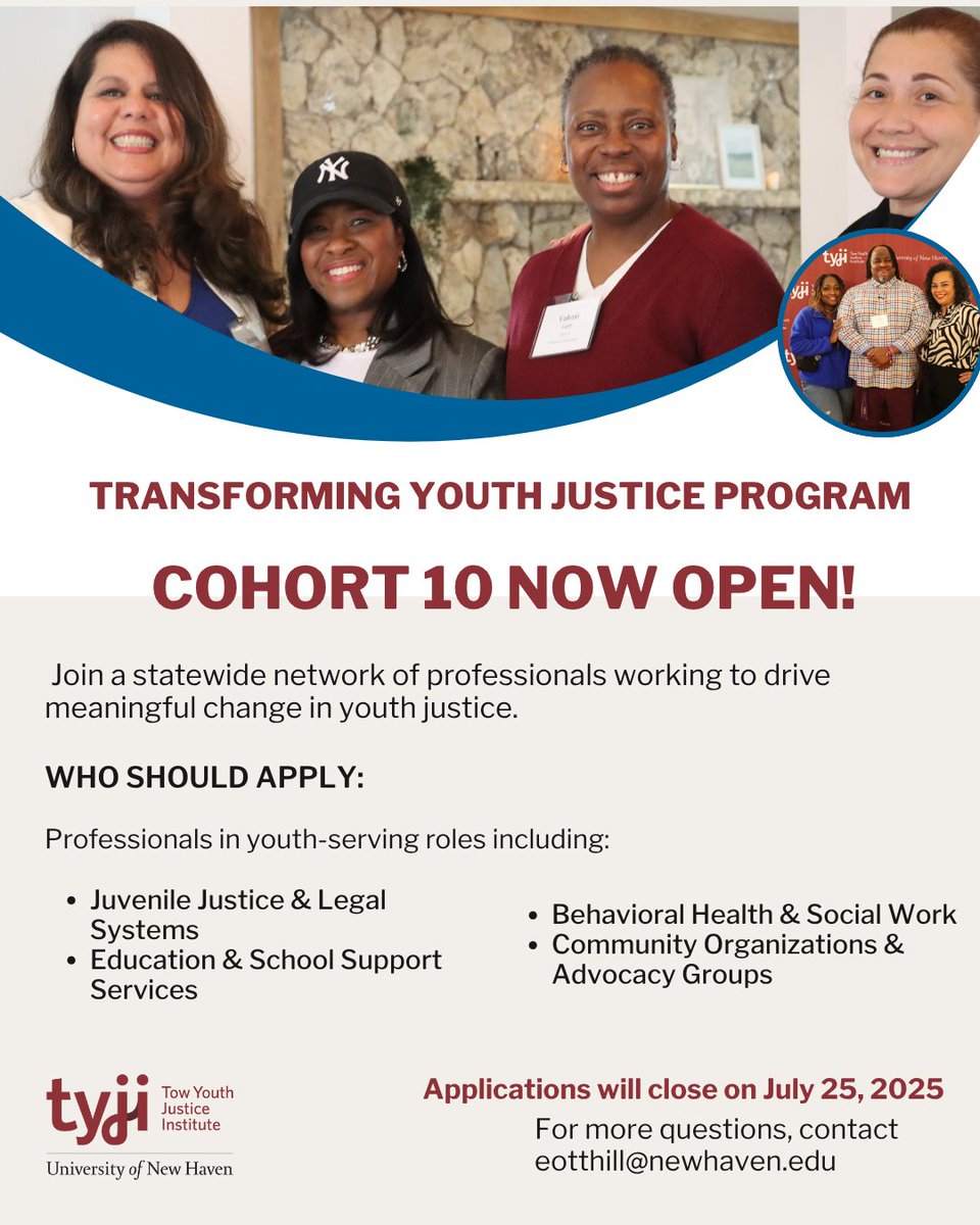 Now accepting applications for Cohort 10 of the Transforming Youth Justice Program! 🌟 Free leadership training for CT professionals working with youth.

📅 Apply by July 25: bit.ly/44evusb