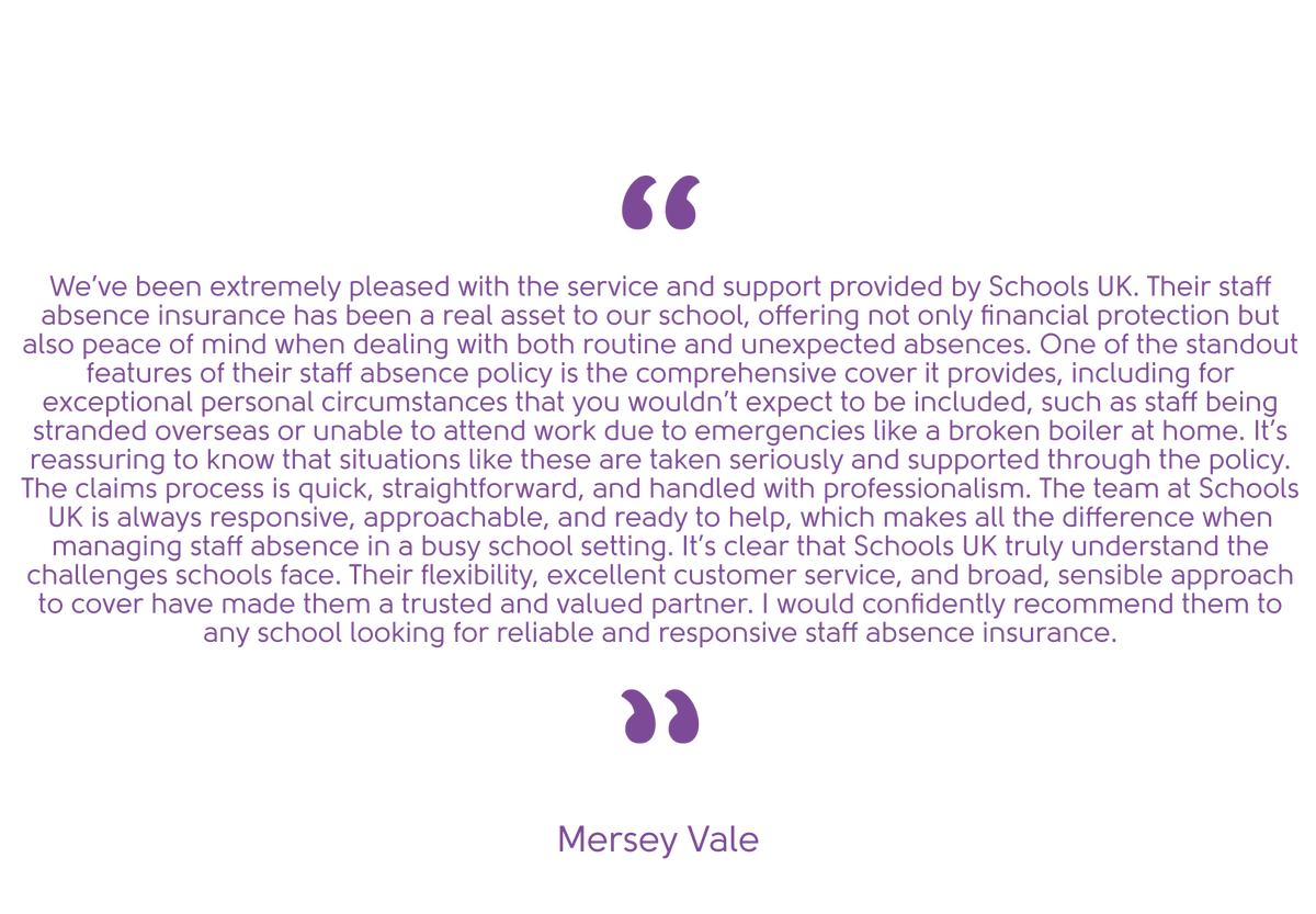 🟣 “A real asset to our school.”
We’re proud to support schools with insurance that delivers peace of mind - even in the most unexpected situations.

✅ Comprehensive cover
✅ Fast, professional claims
✅ Trusted by schools nationwide