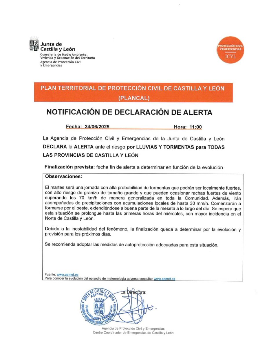 En las próximas horas se prevén fuertes lluvias y rachas de viento. <a href="/jcyl/">Junta de Castilla y León</a> declara la #ALERTA en todas las provincias de #CastillayLeón