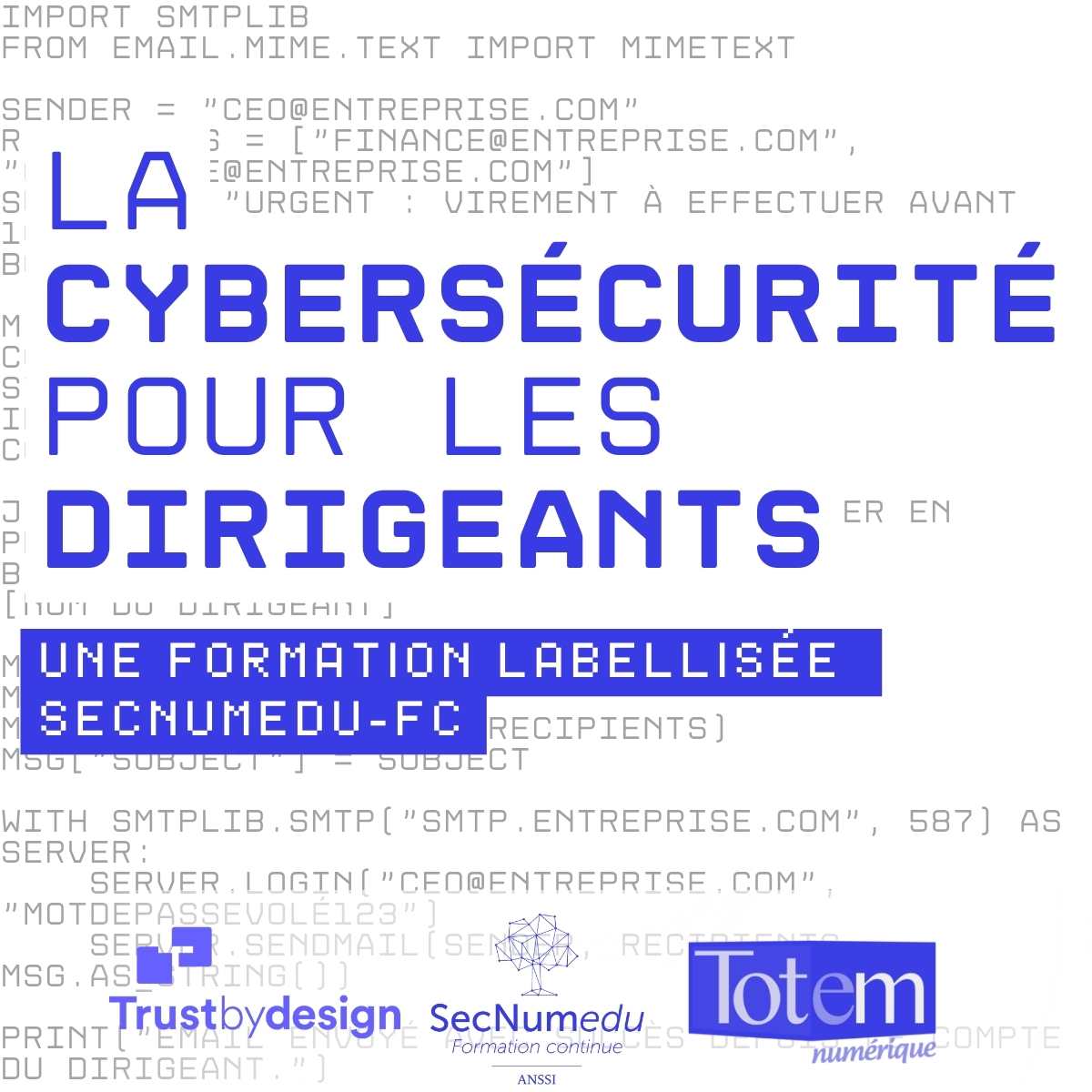 🚨Notre #legaltech Trust by Design propose une formation-action, labellisée SecNumEdu-FC par l'<a href="/ANSSI_FR/">ANSSI</a>, conçue pour les dirigeants de PME "La #cybersécurité pour les dirigeants", 4 demi-journées thématiques réparties sur 4 mois - Infos sur ce lien : trustbydesign.fr/home-topic-lis…