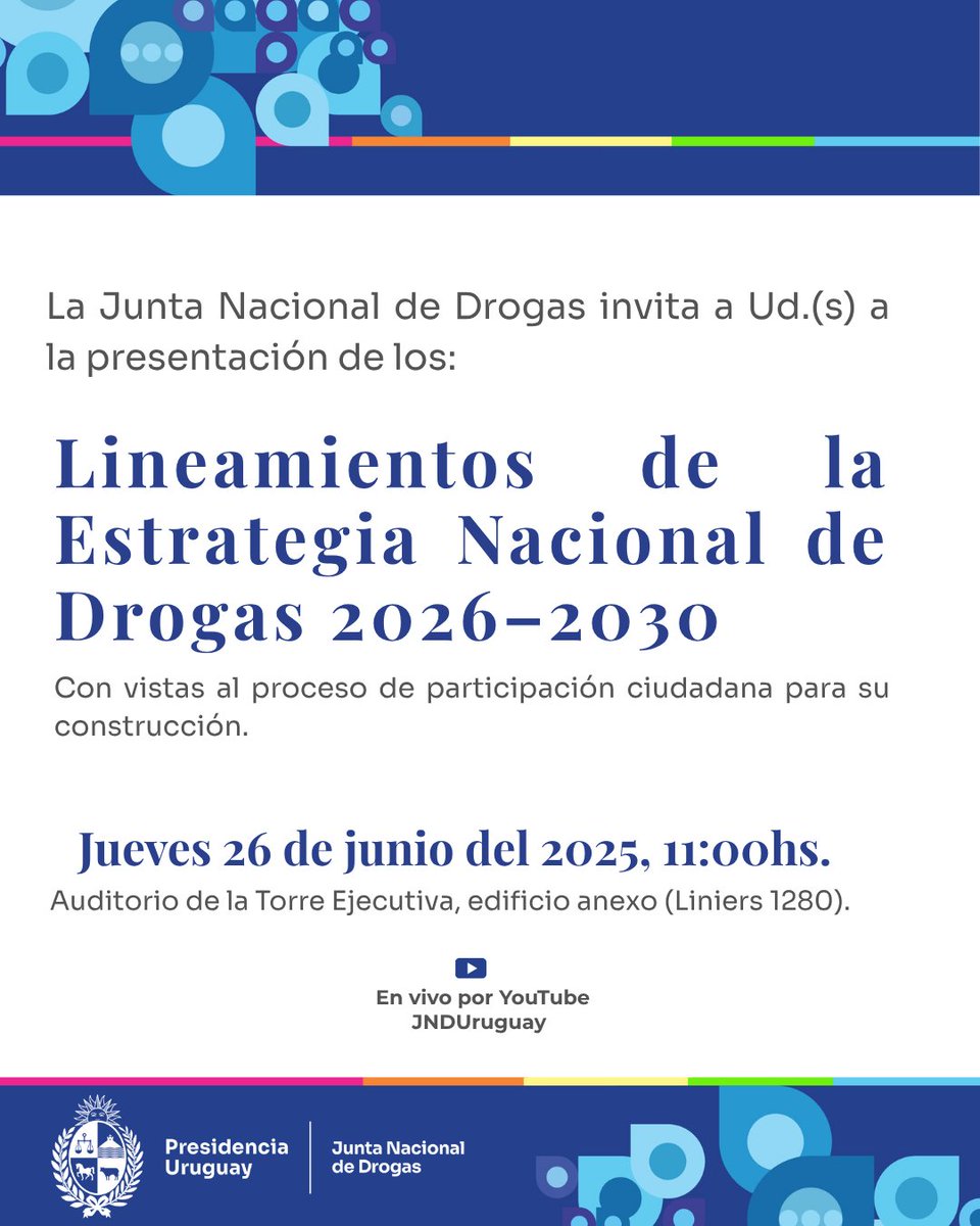 La Junta Nacional de Drogas presenta los lineamientos de la Estrategia Nacional 2026-2030

📆Jueves 26/6, 11 h. Auditorio Torre Ejecutiva 
🔴En vivo: youtube.com/JNDUruguay

Ese día se abrirá el espacio para recibir aportes en la plataforma de participación ciudadana de <a href="/agesic/">Agesic</a>