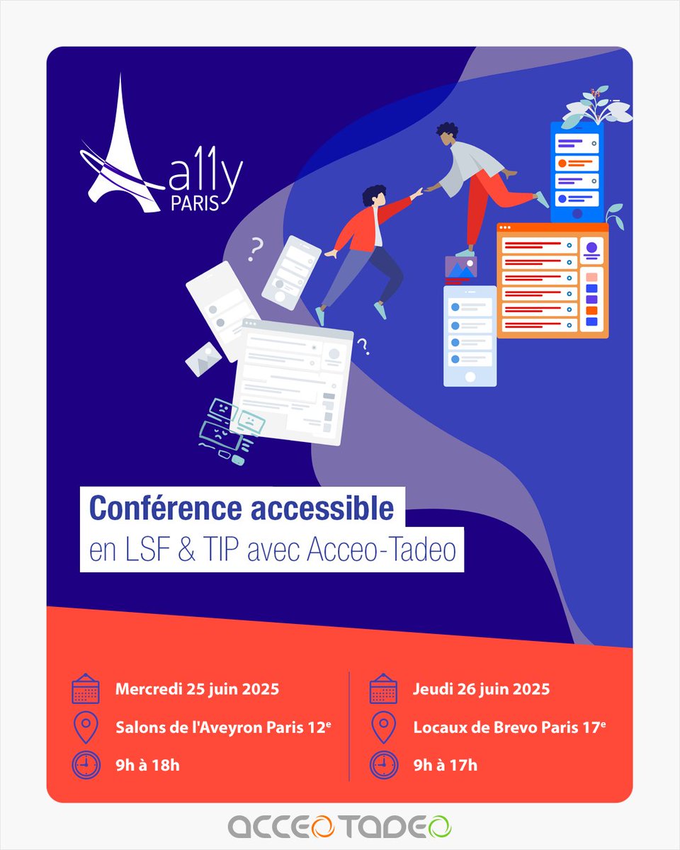 [<a href="/a11yParisOrg/">A11y Paris</a>  2025] Ca commence demain !
Ne manquez pas la conférence dédiée à l’accessibilité numérique.
Toutes les prises de parole seront accessibles aux visiteurs sourds ou malentendants grâce à notre offre hashtag#AcceoEvents.

Cette année, la conférence se déroule sur