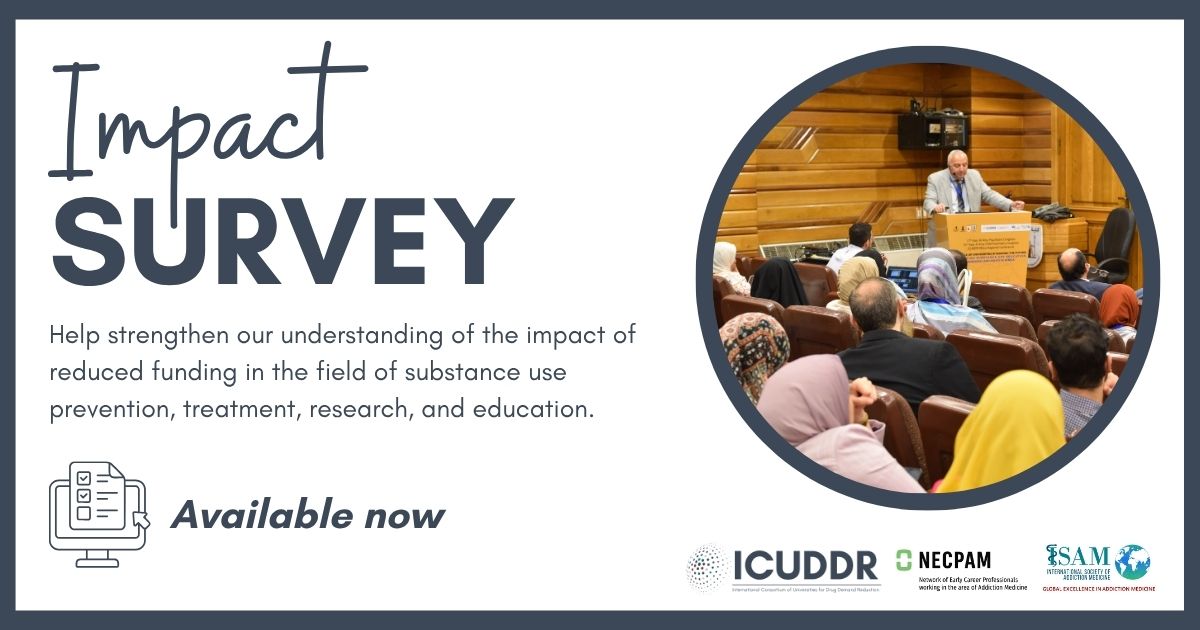 This survey is a collaborative effort by ICUDDR, NECPAM and ISAM. The survey aims to assess the impact recent reductions in funding have had on the workforce in fields dealing with substance use related issues. 

Take the survey today:
issup.net/knowledge-shar…