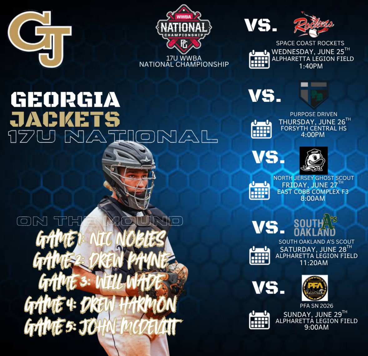 Ryan Williams (@rlw_gajackets) on Twitter photo 17u <a href="/PerfectGameUSA/">Perfect Game USA</a> WWBA kicks off tomorrow!!
Come see this elite group of rising seniors compete!! 🐝
Big time arms coming out!
<a href="/NicolasNobles23/">Nicolas Nobles</a> uncommitted
<a href="/PAYNE_DREW15/">Drew Payne</a> uncommitted
<a href="/will_wade15/">Will Wade</a> uncommitted
<a href="/Drew_harmon9/">Drew harmon</a> FSU
@official_taco11 uncommitted
<a href="/bsamsbrenntag/">Ben Sams</a> 17u <a href="/PerfectGameUSA/">Perfect Game USA</a> WWBA kicks off tomorrow!!
Come see this elite group of rising seniors compete!! 🐝
Big time arms coming out!
<a href="/NicolasNobles23/">Nicolas Nobles</a> uncommitted
<a href="/PAYNE_DREW15/">Drew Payne</a> uncommitted
<a href="/will_wade15/">Will Wade</a> uncommitted
<a href="/Drew_harmon9/">Drew harmon</a> FSU
@official_taco11 uncommitted
<a href="/bsamsbrenntag/">Ben Sams</a>