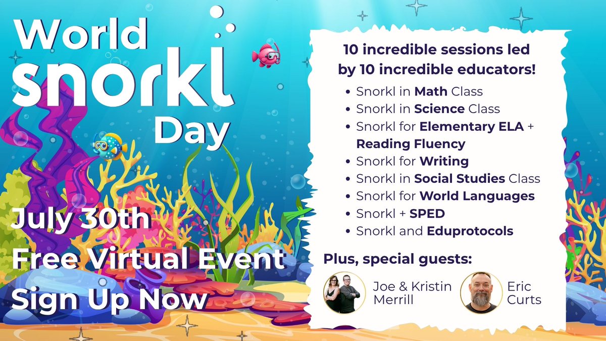 🎉 Registration is NOW OPEN for the BIGGEST Snorkl event of the year: World Snorkl Day – happening Wednesday, July 30th!

Join us for an action-packed celebration featuring:
🏆 Prizes
🚀 Premium access
💡 Tips, tricks, and classroom inspiration

🔟 10 amazing educators over 10