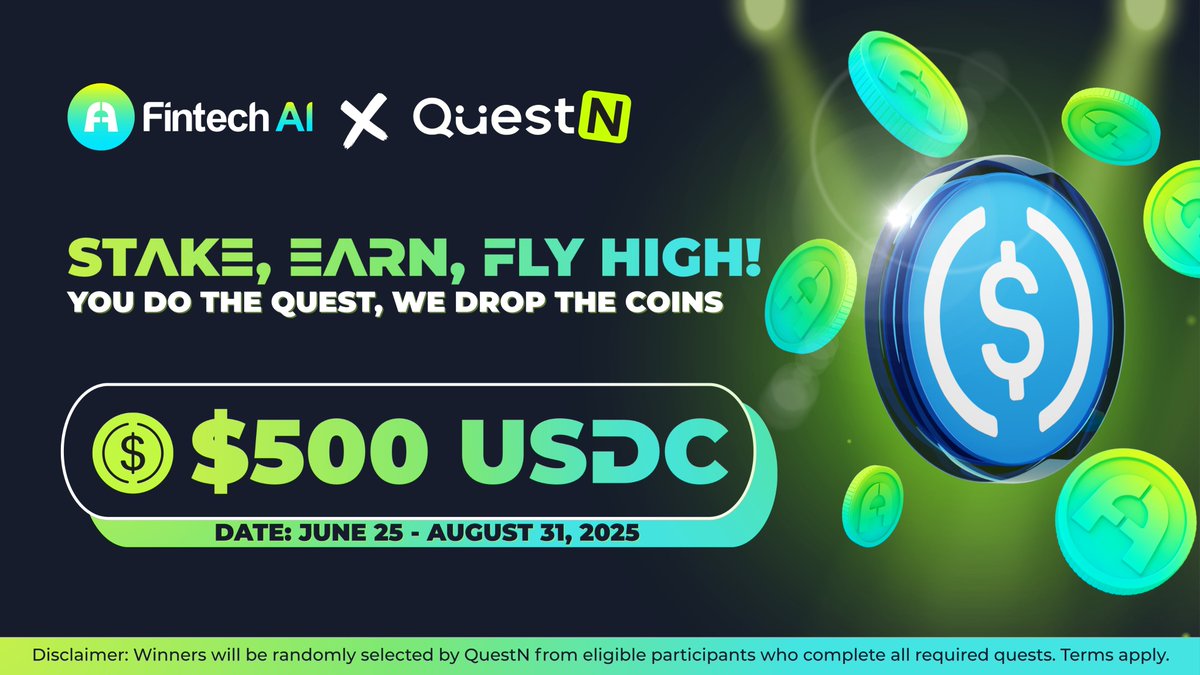 FNA_FintechAI's tweet image. 🚨 It’s happening — the Fintech AI x @QuestN_com  campaign kicks off tomorrow!

$500 USDC is on the line 💸 Just complete the quests, and you’re in.

🗓 Date: June 25 – August 31, 2025

Stay tuned. Be ready. Let’s fly. 🚀

#FintechAI #FNA #crypto #giveaway #staking #defi #APY…