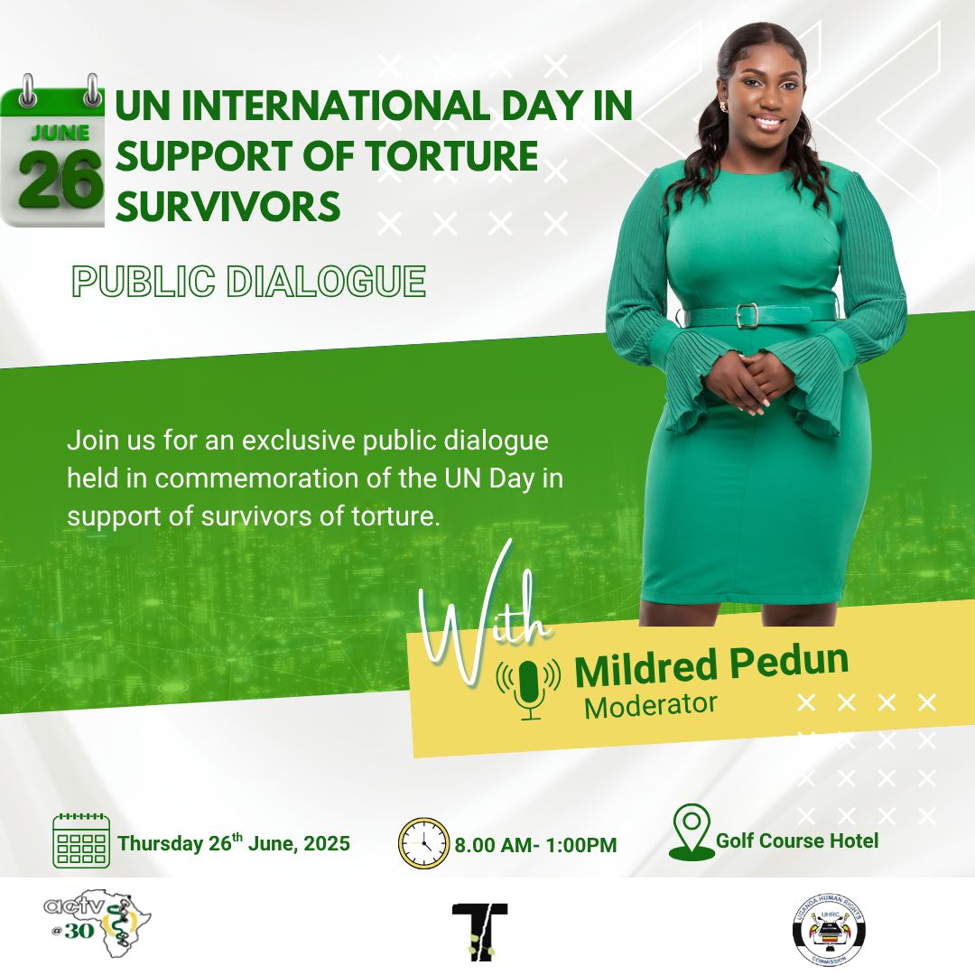 ACTV - Against Torture (@actvuganda) on Twitter photo Join us this Thursday on 26 June 2025 as we stand together in support of survivors and victims of Torture.
#StopTortureUG2025
<a href="/UHRC_UGANDA/">Uganda Human Rights Commission (UHRC)</a> <a href="/chapterfourug/">Chapter Four Uganda</a> <a href="/UgandaEC/">The Electoral Commission - Uganda</a> <a href="/NCHRD_UG/">NCHRDs-UG</a> <a href="/DIGNITY_INT/">DIGNITY International</a> Join us this Thursday on 26 June 2025 as we stand together in support of survivors and victims of Torture.
#StopTortureUG2025
<a href="/UHRC_UGANDA/">Uganda Human Rights Commission (UHRC)</a> <a href="/chapterfourug/">Chapter Four Uganda</a> <a href="/UgandaEC/">The Electoral Commission - Uganda</a> <a href="/NCHRD_UG/">NCHRDs-UG</a> <a href="/DIGNITY_INT/">DIGNITY International</a>