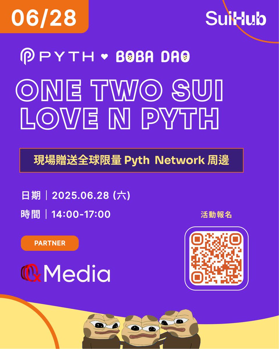 0xMedia (@0xmediaco) on Twitter photo 💜One Two Sui, Love n Pyth —— 6月28日 台北见!
这个周六下午, <a href="/bobadao_lfg/">BOBA DAO 🧋</a> 将在台北大安区的 SuiHub Taipei(近信义安和站)举办特别活动,带大家走进预言机的神秘世界,看看 <a href="/PythNetwork/">Pyth Network 🔮</a> 的实时数据是如何为 Sui 生态注入紫色动能。
✨活动亮点:
⁃ Pyth Network 现场解读:Pyth 市场负责人 💜One Two Sui, Love n Pyth —— 6月28日 台北见!
这个周六下午, <a href="/bobadao_lfg/">BOBA DAO 🧋</a> 将在台北大安区的 SuiHub Taipei(近信义安和站)举办特别活动,带大家走进预言机的神秘世界,看看 <a href="/PythNetwork/">Pyth Network 🔮</a> 的实时数据是如何为 Sui 生态注入紫色动能。
✨活动亮点:
⁃ Pyth Network 现场解读:Pyth 市场负责人