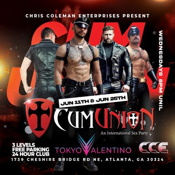 WED, June 25, 2025  in ATLANTA!    <a href="/CumUnion/">CumUnion</a> Atlanta #gaysexparty, 8pm - Late,  $23 (includes locker).  Join the action at Atlanta’s hot play party @ Tokyo Valentino Lifestyle Club, 1739 Cheshire Bridge Rd NE, Atlanta, GA 

#gayatl <a href="/TokyoValLSC/">Tokyo Valentino</a>