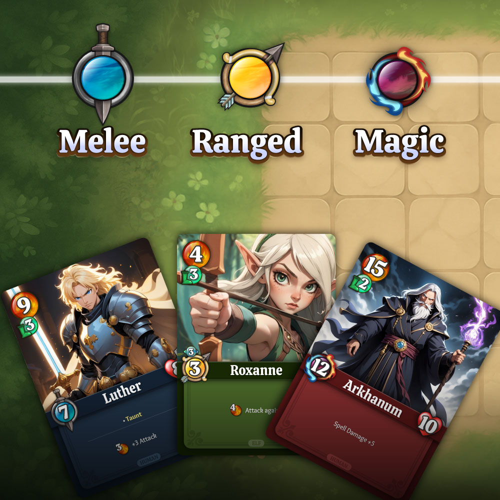 ⚔️ Choose your playstyle.
Melee, Ranged, or Magic — each unit brings unique power to the battlefield.

🔵 Melee – Attacks only adjacent squares, but usually has higher stats and armor.
🟡 Ranged – Can strike from a distance, perfect for combos and safe positioning.
🔴 Magic –