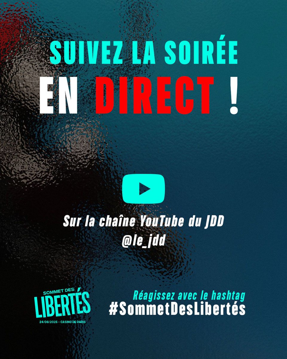 Le #SommetDesLibertés étant complet, vous pourrez suivre le direct sur la chaîne YouTube et la page Facebook du <a href="/leJDD/">Le JDD</a> 

🕢 Village dès 18h30 – Soirée à 19h45
