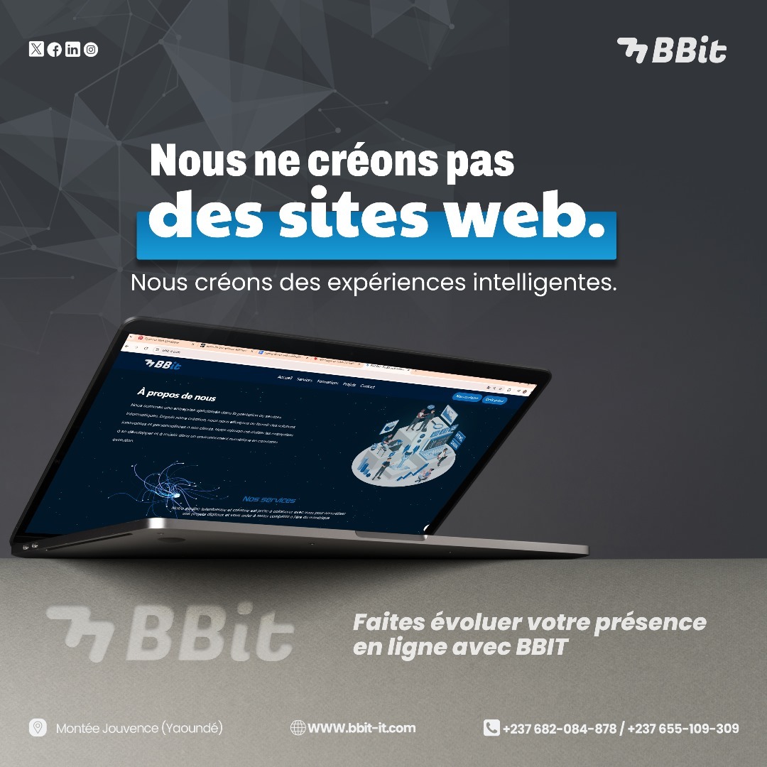 Ton site est joli. Mais… Est-ce qu’il vend ? Est-ce qu’il convainc ? Est-ce qu’il capte ? Non ? Alors tu perds du chiffre.

Chez #BBITSarl on t'aide à concevoir des sites qui pensent, parlent et performent.

📞 682 084 878 / 655 109 309 
🌐 bbit-it.com 
📍 Yaoundé