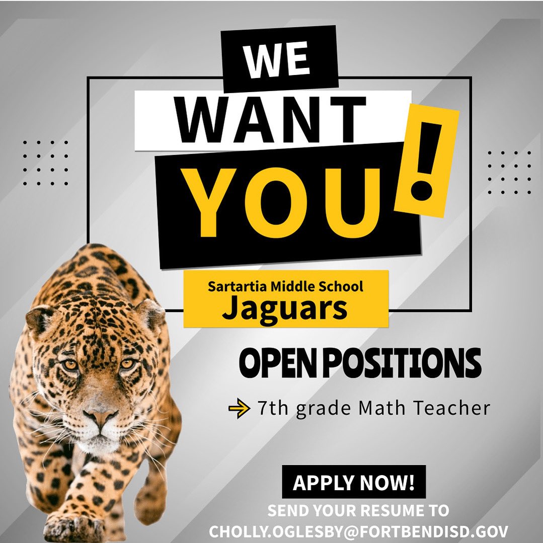 🚨 WE’RE HIRING! 🚨
Sartartia Middle School Jaguars are on the prowl for a passionate and dedicated 7th Grade Math Teacher to join our team! 🐾📚
If you’re ready to inspire, challenge, and grow with the #BestMiddleSchoolInTexas, we want YOU!

📩 Apply now by sending your resume