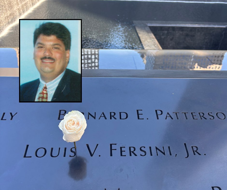 New Jersey native Louis Fersini lived with his wife, Cathy, and their four children in Basking Ridge. On 9/11, Fersini was on the North Tower’s 104th floor. Fersini was 38 years old. Today, we placed a white rose at his name on the #911Memorial to mark his 62nd birthday.