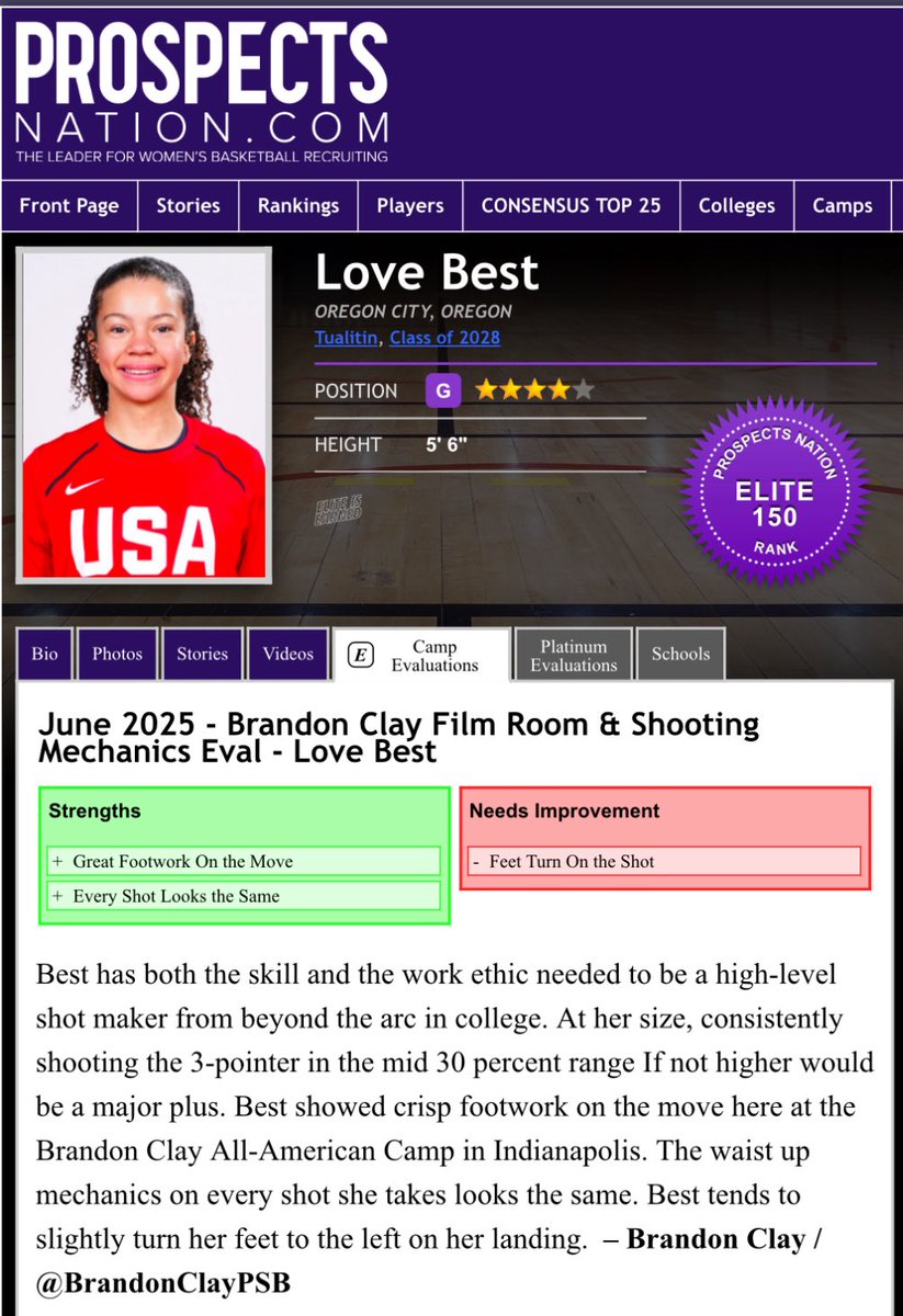 Brandon Clay 🎥 Film Room Evals | Powered x @bclayscouting

“The Best Evals &amp; Marketing in 🏀.”

New Eval 🚨

‘28 Love Best (OR) has both the skill and the work ethic needed to be a high-level shot maker from beyond the arc in college. At her size, consistently shooting the