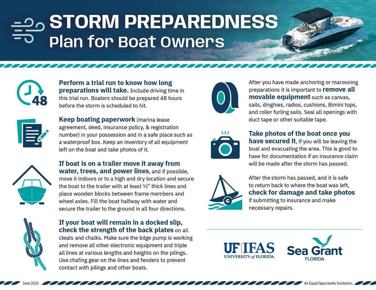 🌀🚤 Boaters: Are You Storm Ready? 
Before the next storm hits, make sure you have a plan in place to protect your vessel and your peace of mind. From securing your boat and removing loose gear to documenting your equipment and knowing where to move your trailer—every step