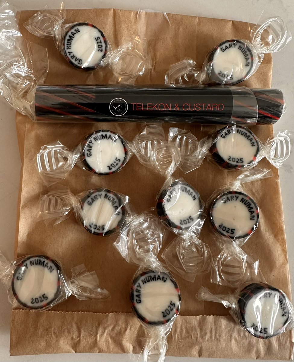 numanofficial's tweet image. Just to clear up some minor merch confusion from last night. The sweet bag contains a stick of Gary Numan 2025 Telekon rock (as in seaside rock) plus ten sweets made from the same stuff, all with Gary Numan 2025 on them. It reminds me of my holidays when I was a kid, which seemed…
