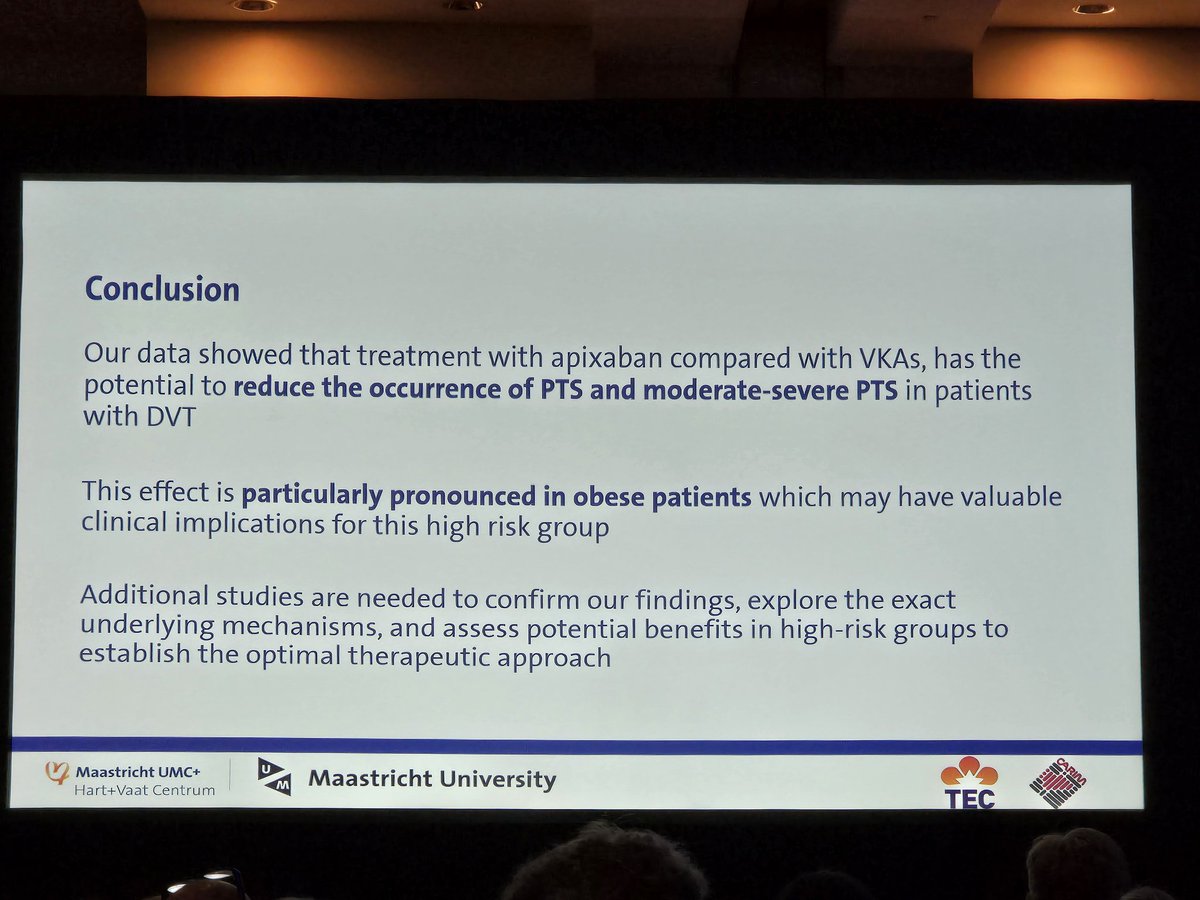 GuillaumeRobMD's tweet image. Diminution (50%) du risque de syndrome post-thrombotique modéré à sévère avec l’apixaban comparativement au coumadin, particulièrement chez les patients obèses. Étude observationnelle.
#isth2025