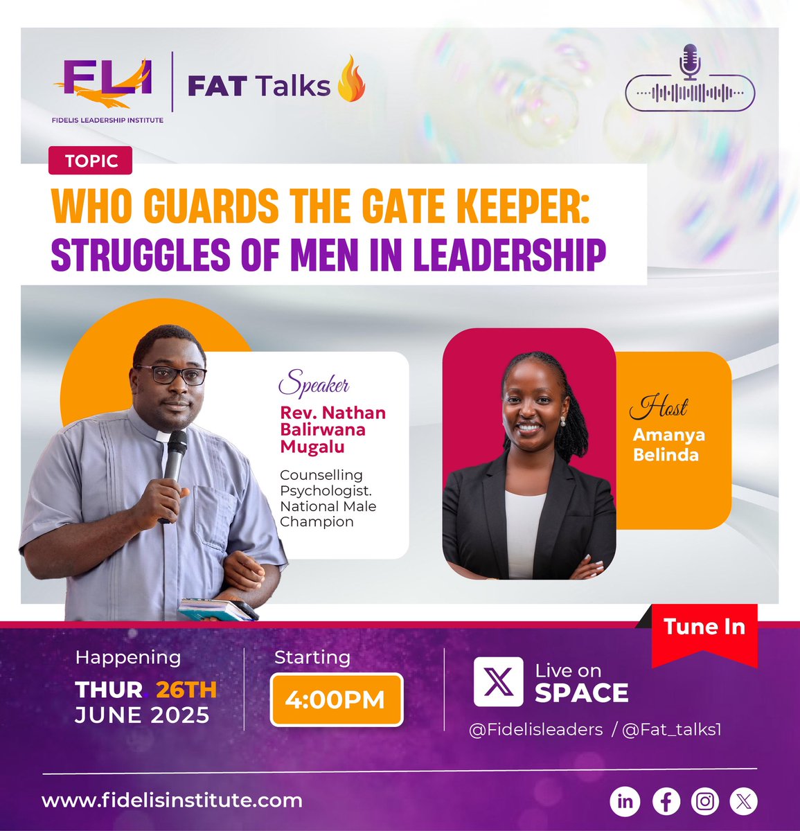 🚪 Everyone watches the gate… but who watches the gatekeeper?

As we close Men’s Mental Health Month, join us for a raw conversation on the silent battles male leaders face.

🗓️ Thurs, 26th June | ⏰ 4PM EAT
🔑 “Who Guards the Gatekeeper? Struggles of Men in leadership”

🎙️ Rev.