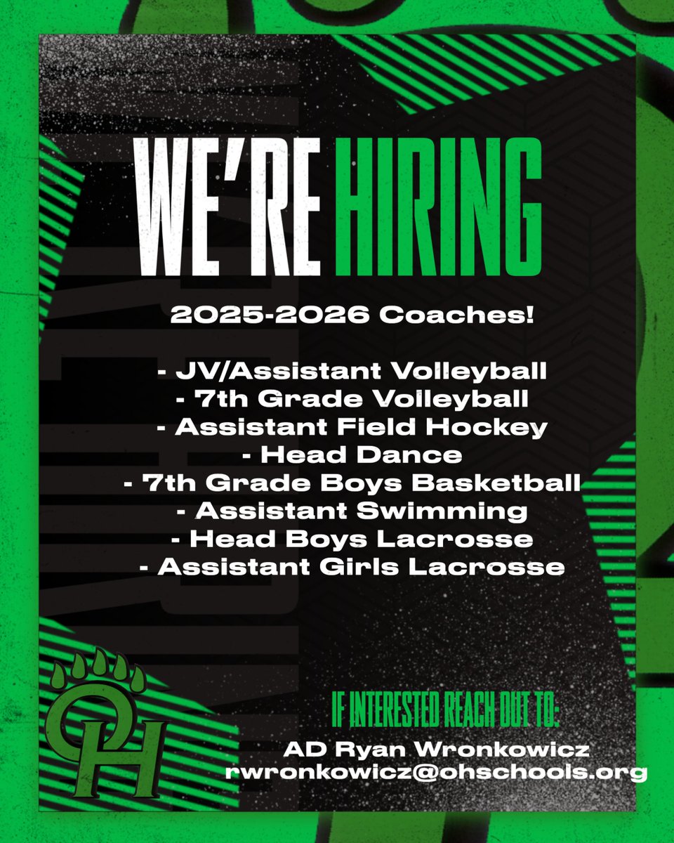 Ottawa Hills Athletics (@ohls_greenbears) on Twitter photo Ottawa Hills is still looking for several coaches for the upcoming school year! If interested in any of the open positions, please reach out to AD Ryan Wronkowicz at rwronkowicz@ohschools.org #GreenBearNation Ottawa Hills is still looking for several coaches for the upcoming school year! If interested in any of the open positions, please reach out to AD Ryan Wronkowicz at rwronkowicz@ohschools.org #GreenBearNation