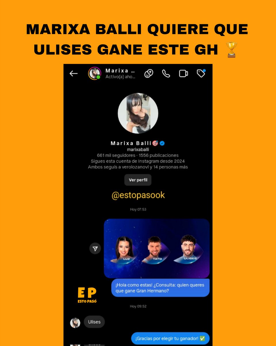chimentazos's tweet photo. Marixa Balli quiere que Ulises sea el ganador de este Gran Hermano 🏆
#granhermano #ulisesapostolo #marixaballi #ulisesgh #lam https://t.co/V0CRQ9qWYP