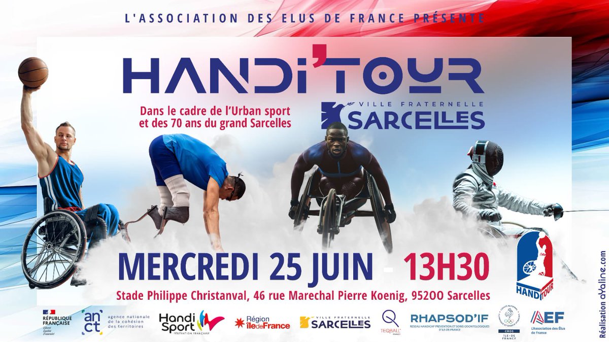 Association des Élus de France | AEF (@assoelusfrance) on Twitter photo 🚨 Événement ! 🚨
🏟️ Après une année 2024 fabuleuse avec près de 15 étapes pour préparer les Jeux olympiques et paralympiques, l'HandiTour de l'<a href="/AssoElusFrance/">Association des Élus de France | AEF</a> revient !
🤾♂️ Notre village handisport sera à <a href="/VilleSarcelles/">Ville de Sarcelles</a> ce 25 juin dans le cadre des 70 ans du Grand Sarcelles ! 🚨 Événement ! 🚨
🏟️ Après une année 2024 fabuleuse avec près de 15 étapes pour préparer les Jeux olympiques et paralympiques, l'HandiTour de l'<a href="/AssoElusFrance/">Association des Élus de France | AEF</a> revient !
🤾♂️ Notre village handisport sera à <a href="/VilleSarcelles/">Ville de Sarcelles</a> ce 25 juin dans le cadre des 70 ans du Grand Sarcelles !