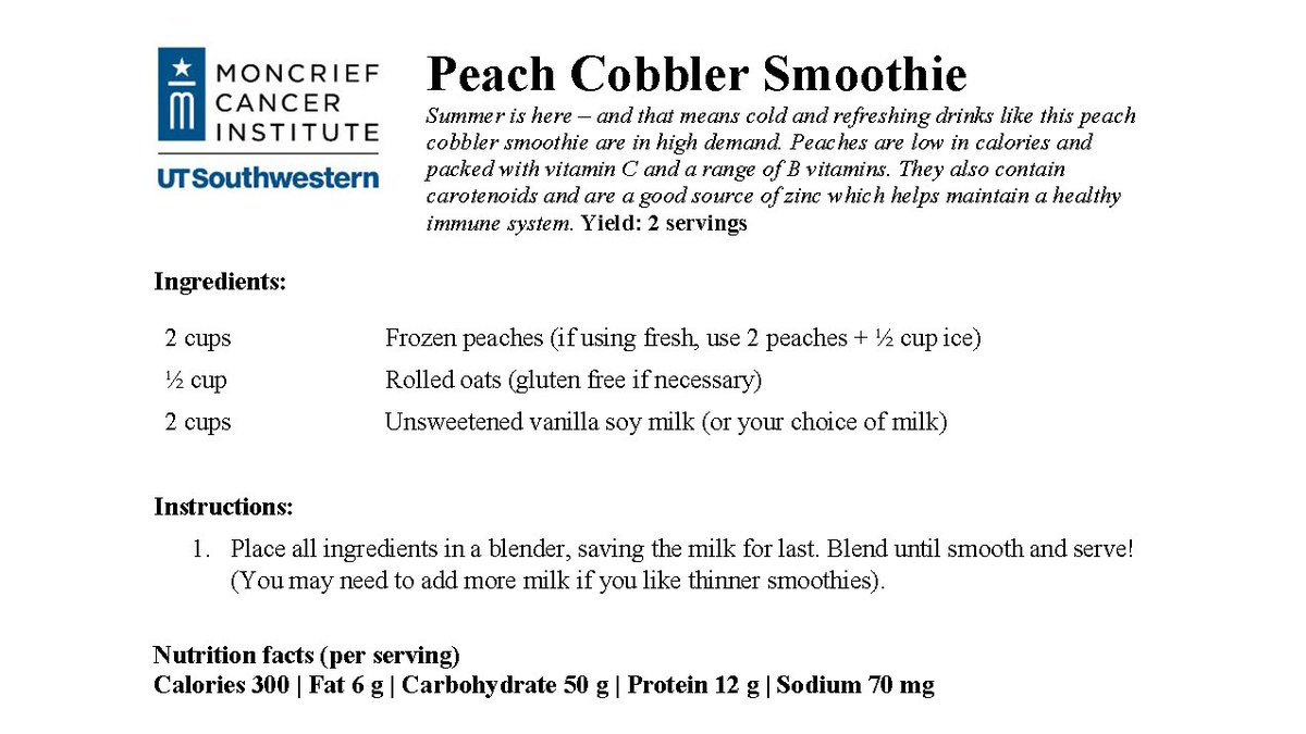 MoncriefCancer's tweet image. Cool off this summer with these healthy
and delicious drinks! Our dietitian's peach smoothie and watermelon mocktail #recipes are tasty and packed with nutrients.