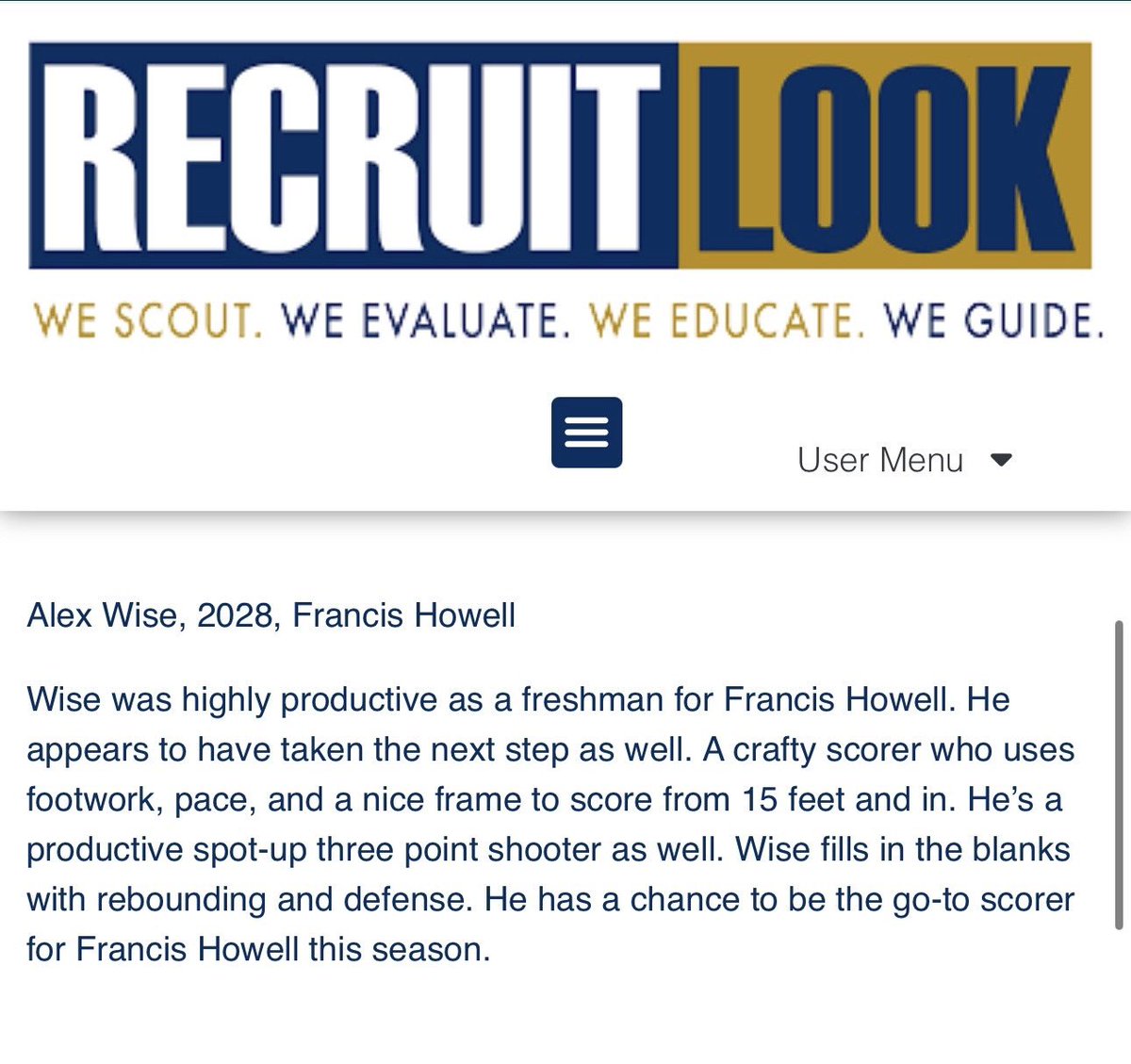Great write up on sophomore Alex Wise. Expect a huge sophomore season from our PG!