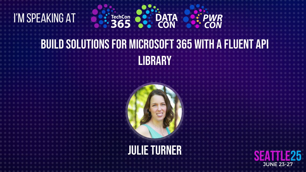SympraxisC's tweet image. 🚨 Starting soon at @TechCon365 Seattle!

Join Julie at 10:20 AM PDT (6/25) for &quot;Build Solutions for #Microsoft365 with a Fluent API Library.&quot; Explore how the #PnPjs library can make building #M365 solutions faster, smarter, and easier. Don’t miss it! 👩‍💻 #Microsoft365Dev