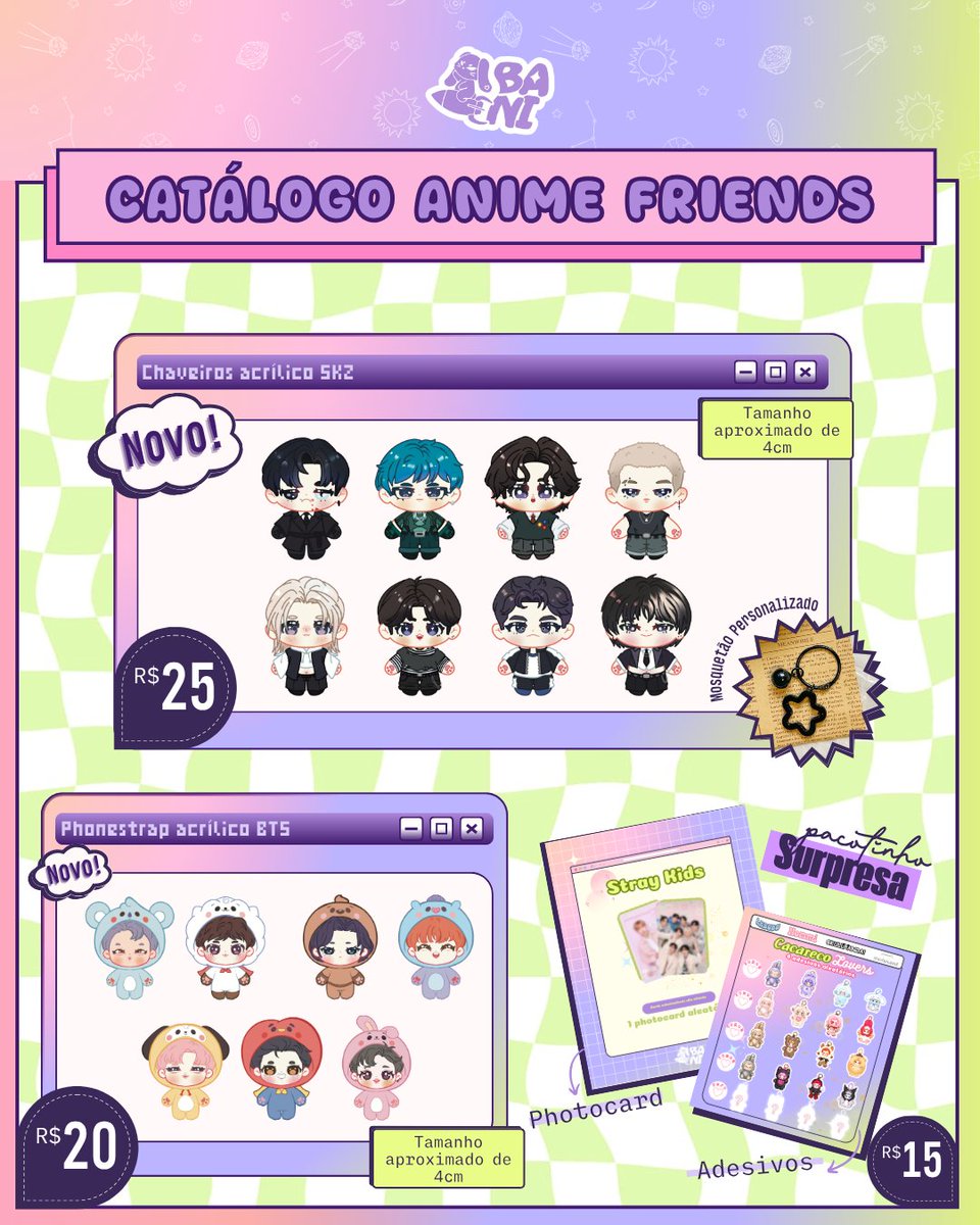 Rafalbae's tweet image. 🐰💜 CATÁLOGO BANI ANIME FRIENDS 2025 🩷🐰
Eu e a @dudduguimaraes vamos pro evento com uma lojinha só de fanmade de kpop com adesivo, chaveiro, print, bloquinho de anotações, botton, photocard fanmade e toploader decorado ENTAO SE TU FOR NO FRIENDS PASSA E DA UM OI