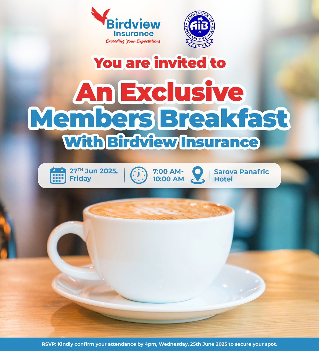 Breakfast &amp; connections with <a href="/BirdviewInsur/">Birdview Insurance</a>!😉Join us June 27th, 7AM @ Sarova Panafric.
Did you know? Kenya is a leading hub for microinsurance innovation, making vital protection accessible to more people! Expect insightful chats &amp; a great start to your day! 

#InsuranceBrokers