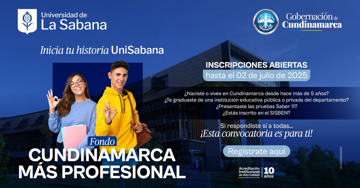 Universidad de La Sabana (@unisabana) on Twitter photo ¿Eres de Cundinamarca y sueñas con estudiar ? Postúlate a “Cundinamarca más profesional” y financia el 100% de tu carrera. Inscripciones hasta el 2 de julio. Conoce más: bit.ly/3ZJV6vN ¡Inicia tu historia <a href="/unisabana/">Universidad de La Sabana</a> con el respaldo <a href="/CundinamarcaGob/">Gobernación de Cundinamarca</a> ¿Eres de Cundinamarca y sueñas con estudiar ? Postúlate a “Cundinamarca más profesional” y financia el 100% de tu carrera. Inscripciones hasta el 2 de julio. Conoce más: bit.ly/3ZJV6vN ¡Inicia tu historia <a href="/unisabana/">Universidad de La Sabana</a> con el respaldo <a href="/CundinamarcaGob/">Gobernación de Cundinamarca</a>