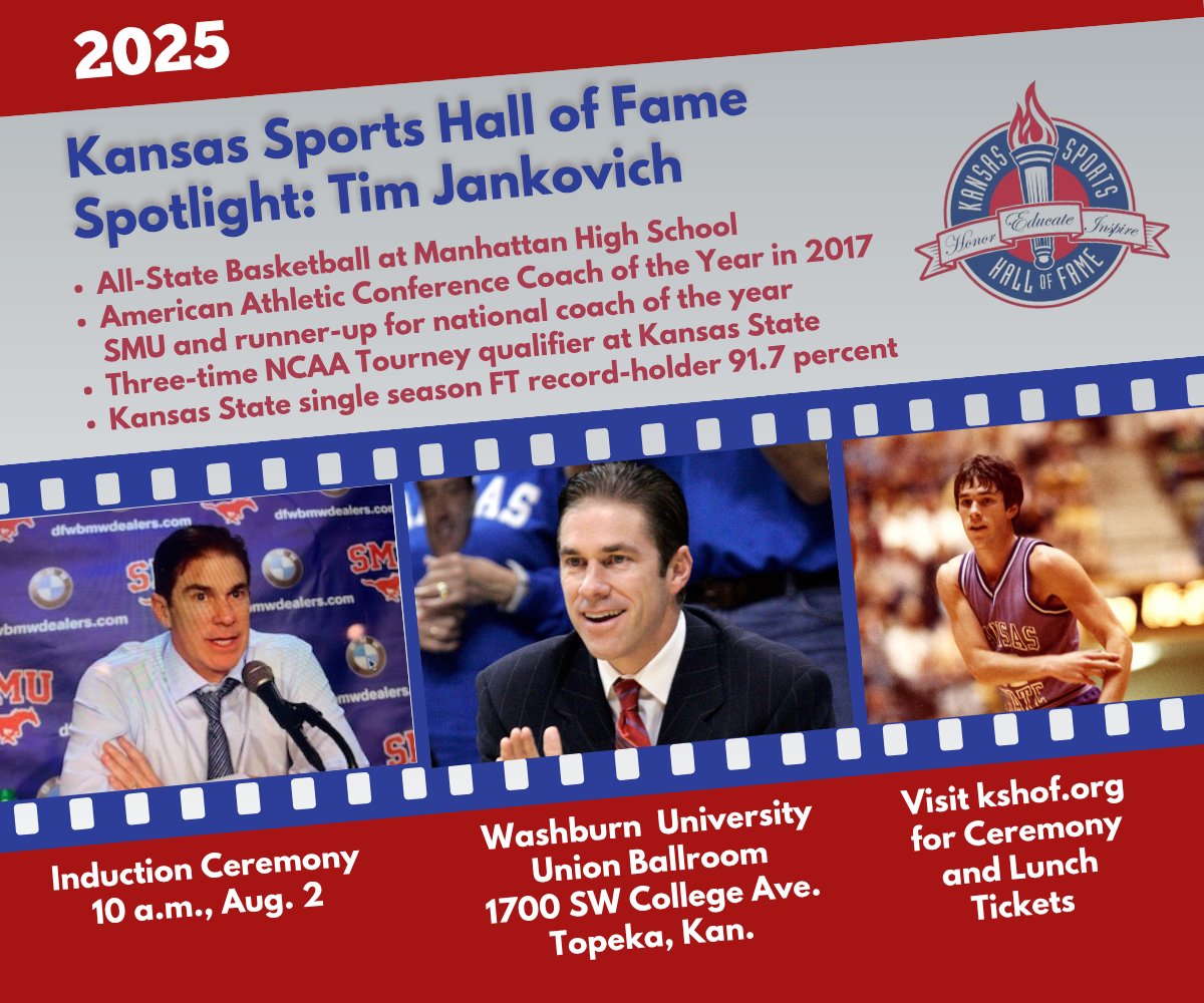 Called by <a href="/CoachBillSelf/">Bill Self</a> one of the brightest offensive minds in college hoops, Tim Jankovich will be inducted to @KSHOF Aug. 2 in Topeka. Tickets for ceremony &amp; lunch available at kshof.org. It's at Washburn Univ. Union Ballroom at 1700 SW College Ave. in Topeka