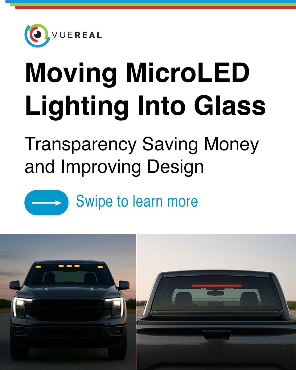 vue_real's tweet image. Looking to reduce #microLED costs, accelerate production, and unlock new revenue in #automotive lighting?
VueReal’s microLED-in-glass approach is transforming how lighting is designed, built, & integrated.
Explore how we're driving automotive innovation: ow.ly/QTAS50Wf9Gb