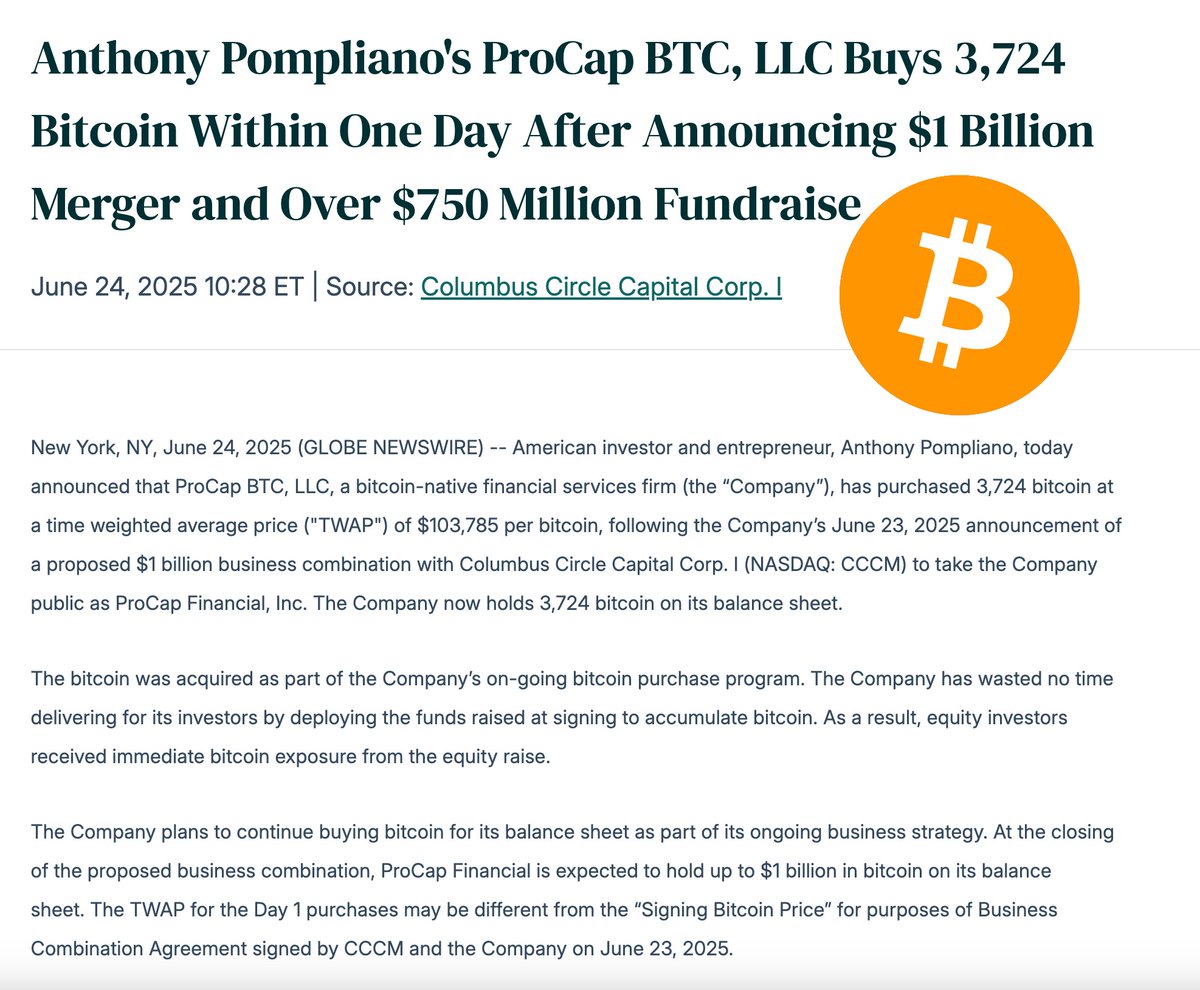 JUST IN: 🇺🇸 Anthony Pompliano's ProCap BTC purchases 3,724 bitcoin worth $392,686,000 💥