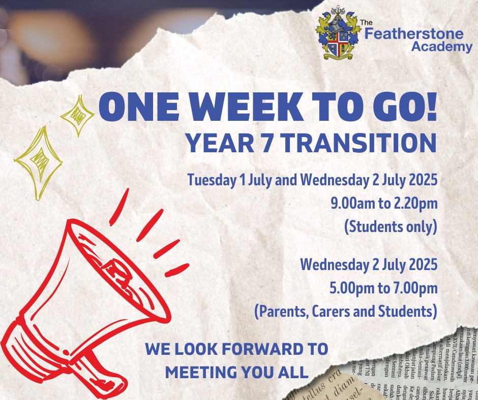 It's nearly here Year 6, we can't wait!
You need to wear your current school uniform and bring a packed lunch and refillable water bottle with you.
#Y7Transition #Transition2025